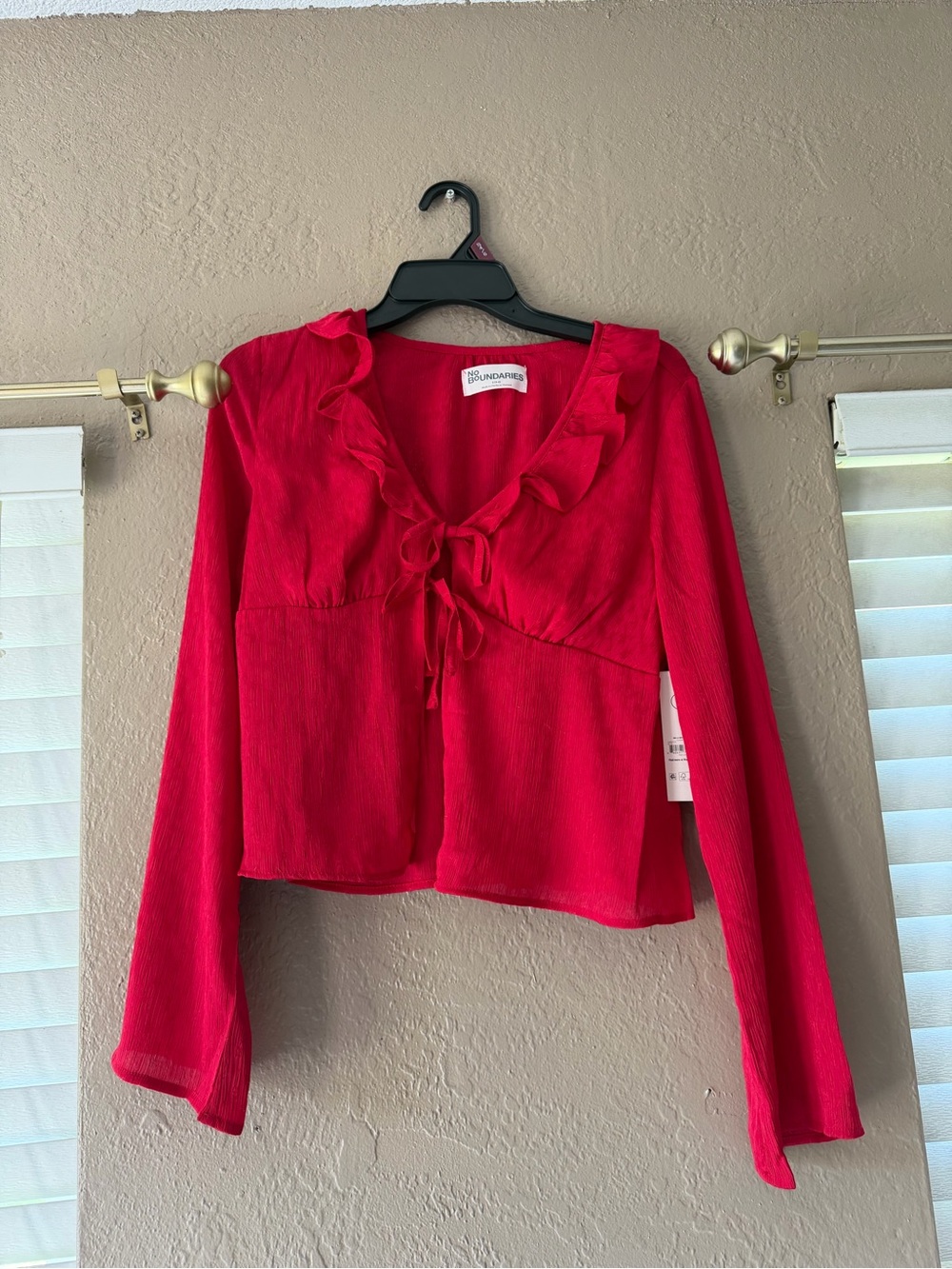 No Boundaries Bright Red Ruffle Tie-Front Blouse